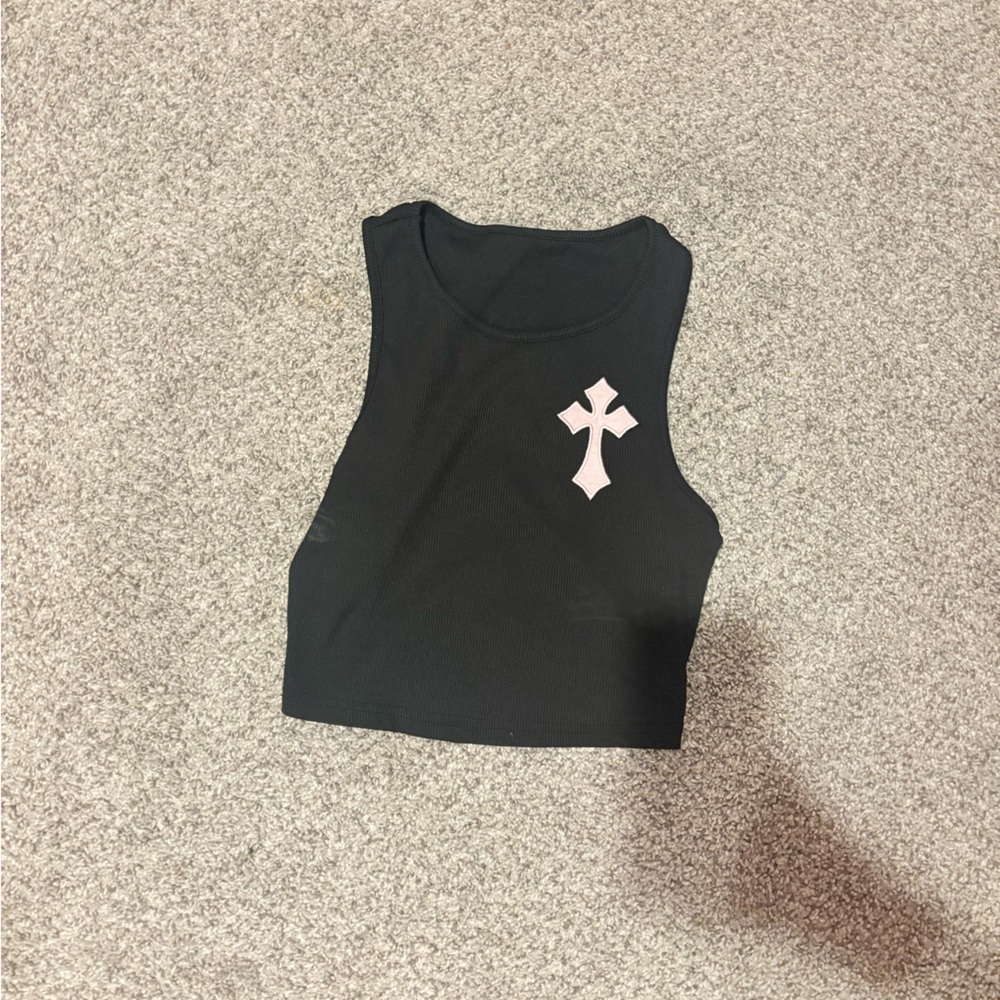 Black Crop Top with Pink Cross
